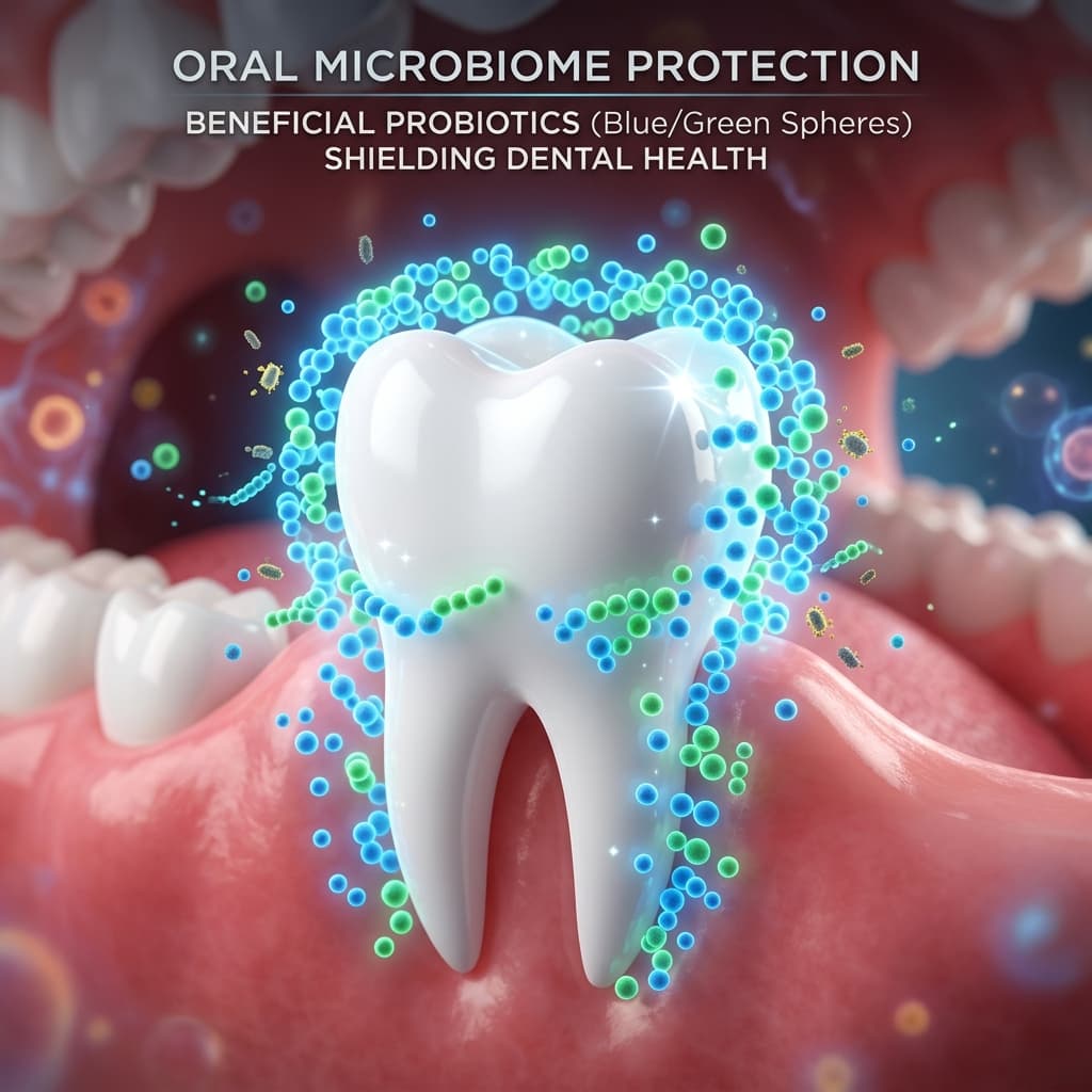 3D illustration of beneficial probiotics protecting a white tooth